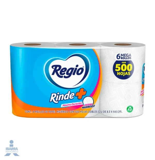 Papel higiénico Regio Rinde+ 500 hojas con 6 Rollos