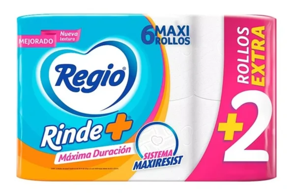Papel higiénico Regio Rinde+ 375 hojas con 6 Rollos