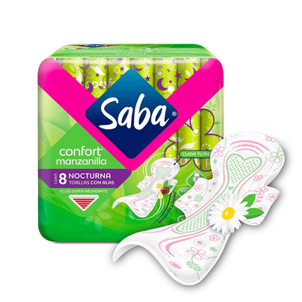 Toallas femeninas Saba confort manzanilla Nocturna con alas 8pz